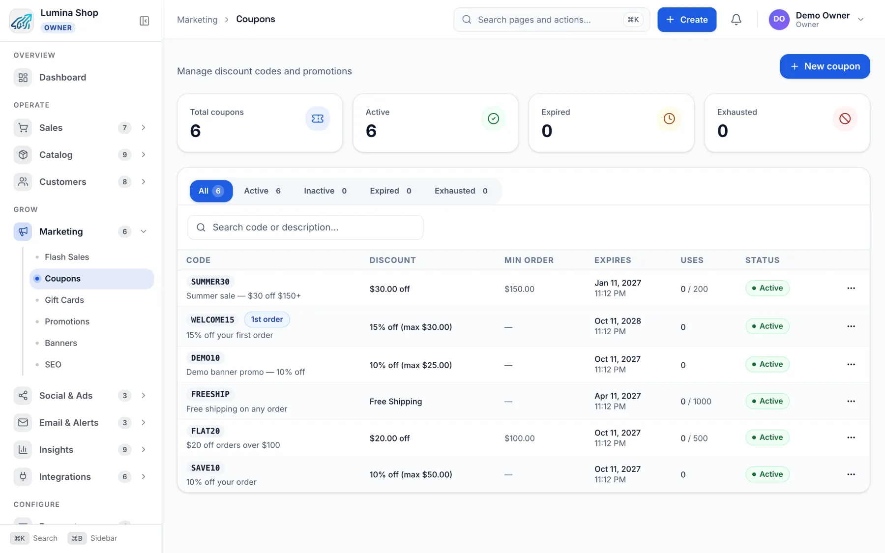 The StoreFlux coupons page, listing discount codes