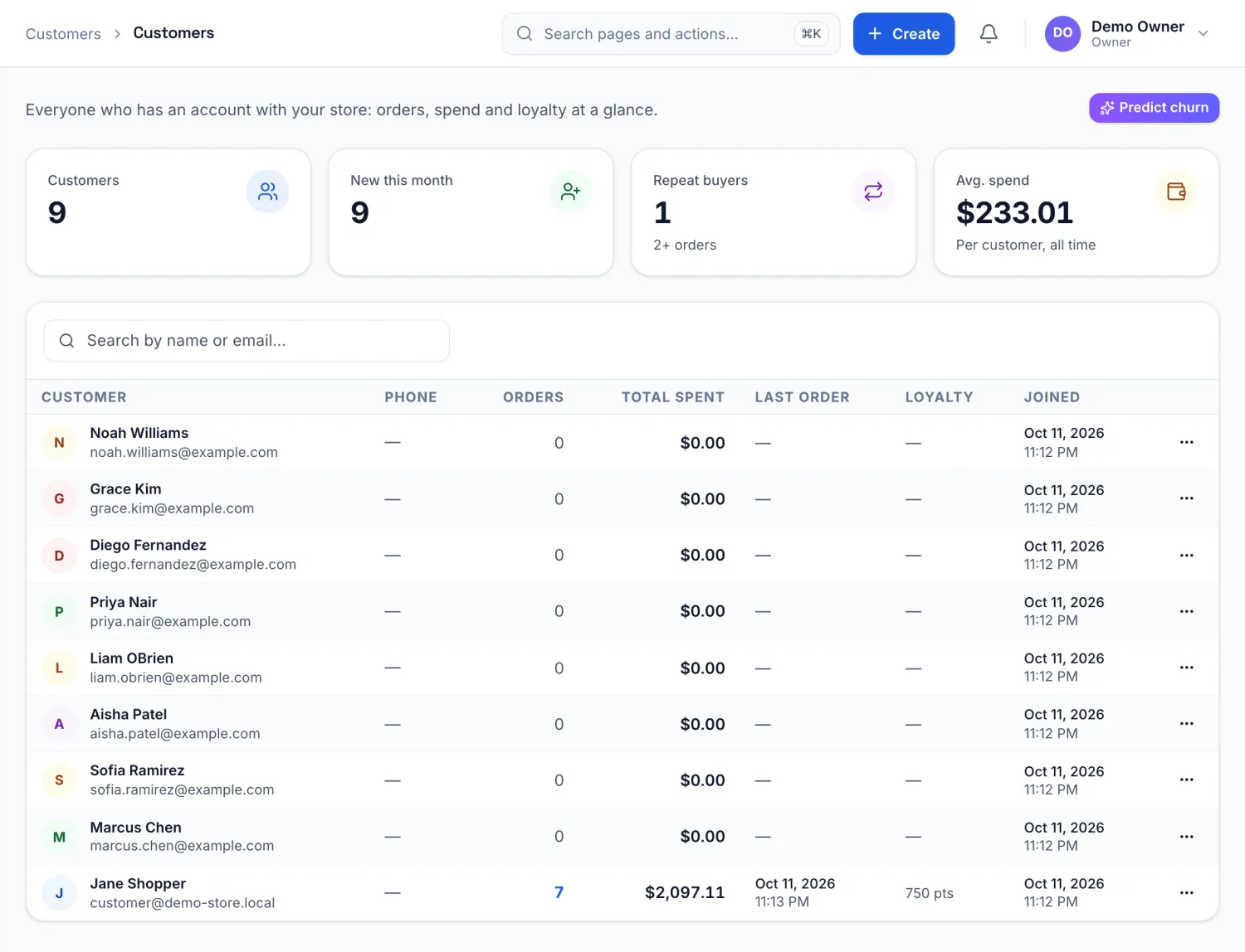 The StoreFlux customers page, listing customers and what they have spent