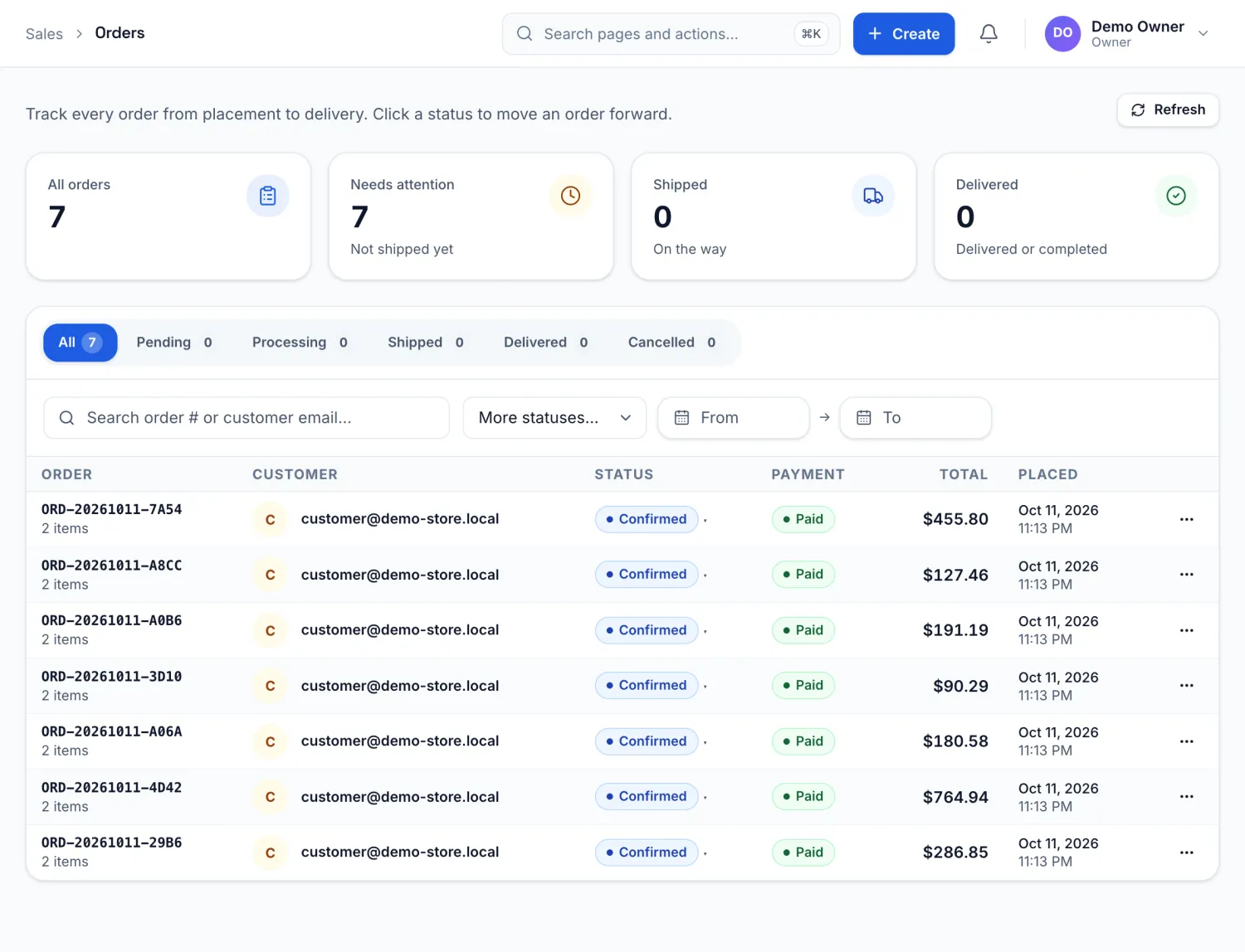 The StoreFlux orders page, listing customer orders and their status