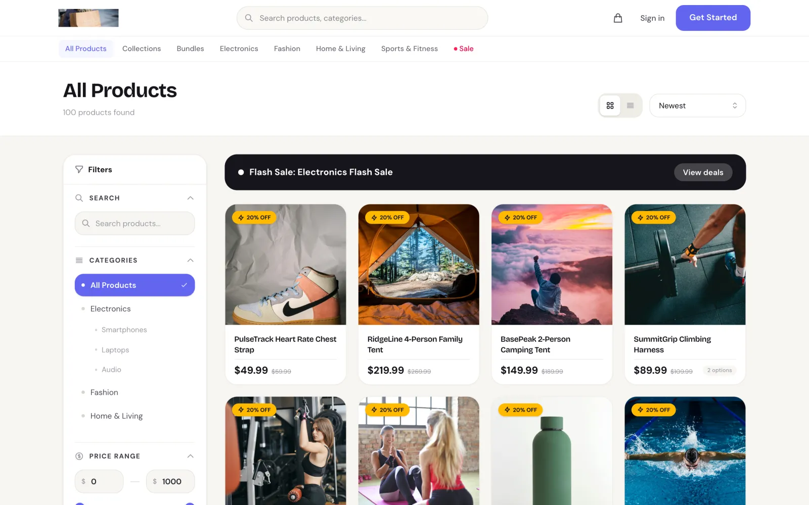 A StoreFlux shop on a computer, showing a product page with photos, prices and filters